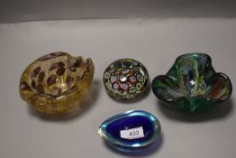 Four pieces of modern studio art glass including a lamp work paper weight, and two Murano style