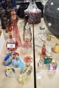 A selection of modern art glass scent and perfume bottles including cut glass with HM silver collar,