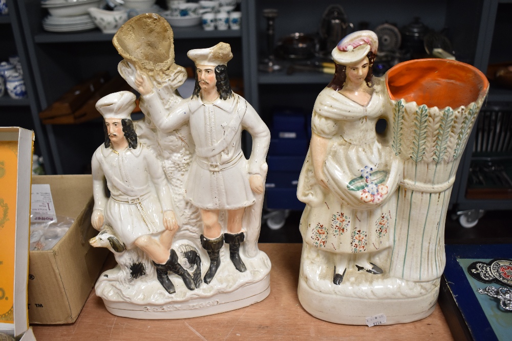 A selection of antique Staffordshire flat back figures and spill vases. All having age related wear, - Image 2 of 4