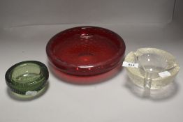 Two mid century Whitefriars control bubble bowls and a similar frosted glass ash tray