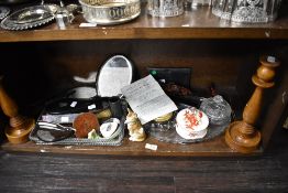 A selection of dressing table and similar items including Golden oak candle sticks, dress brushes,