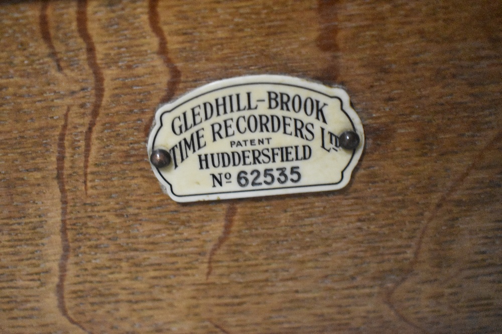 An early 20th century Cledhill - Brook clocking in machine recorder Huddersfield having oak case and - Image 3 of 3