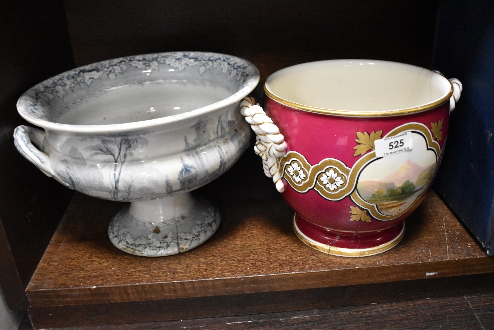 An antique plant pot having rope twist handles with hand decorated panels, and a compote AF