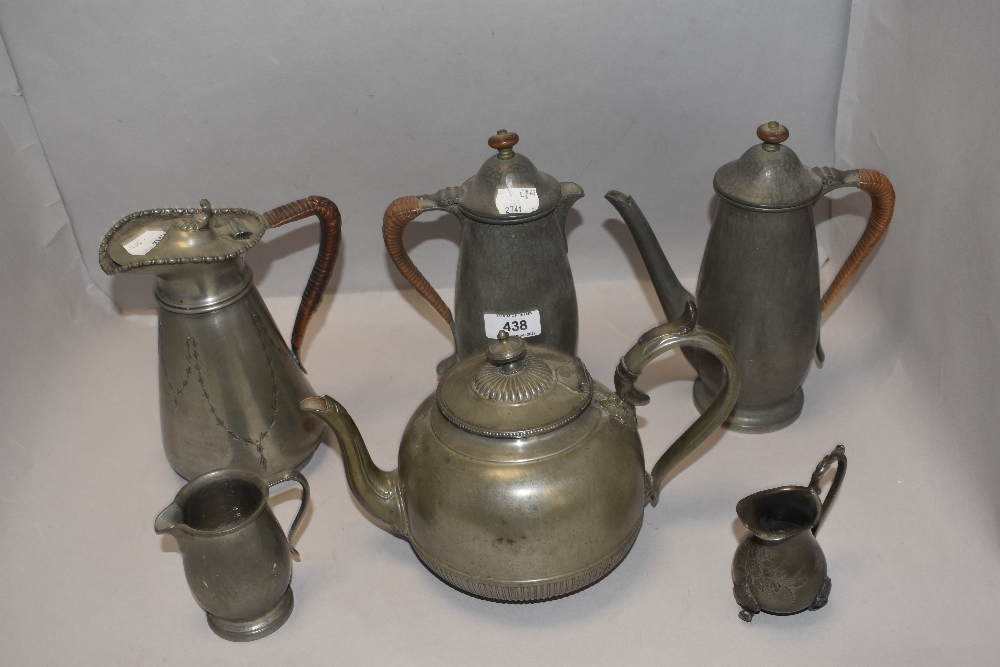 A selection of early 20th century pewter wares including matching Tudric water jug and tea pot