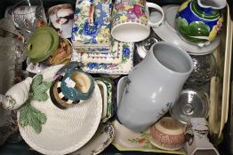 A box of mixed ceramics and glassware including Masons cheese dome, Royal Doulton 'The Falconer'
