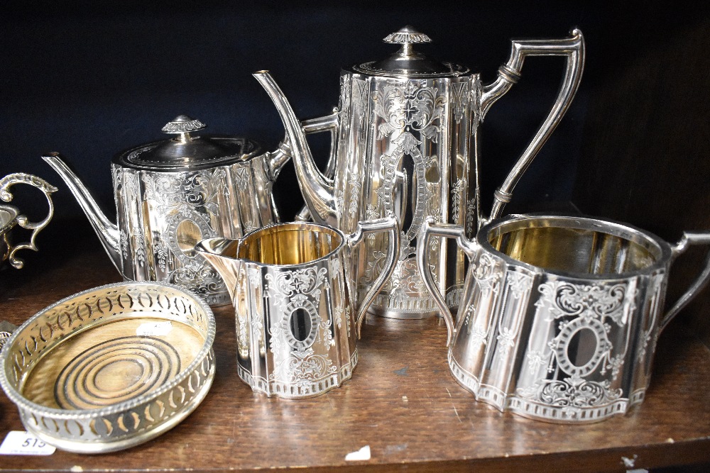 A selection of silver plated wares including chase worked tea set, gravy boat and chamber stick - Image 3 of 3