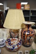 Three Imari decorated Japanese styled items including Vase with repairs, fruit bowl and lamp base