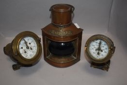 A nautical copper cased Starboard ships light with two Ships log dials including Walkers Cherub