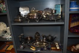 A large selection of early 20th century and later silver plated serving wares including large lidded