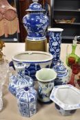 A selection of antique and later blue and white wares including Chinese hand decorated. Large ginger