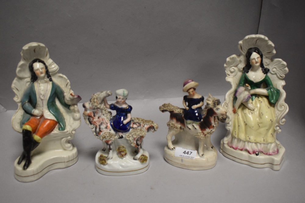 Two pairs of antique Staffordshire flat back figures including Girls on...