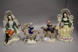 Two pairs of antique Staffordshire flat back figures including Girls on goats, and 18th century