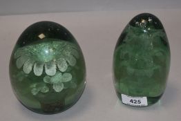 Two Victorian aqua glass dumps having sulphur bubble designs, both having minor age related wear and