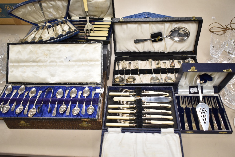 Eight canteens of cutlery including teaspoons, cake forks, fish set and flatwares