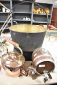 A mid century decanter in the form of a coopered barrel, a copper stove kettle and a brass jam pan