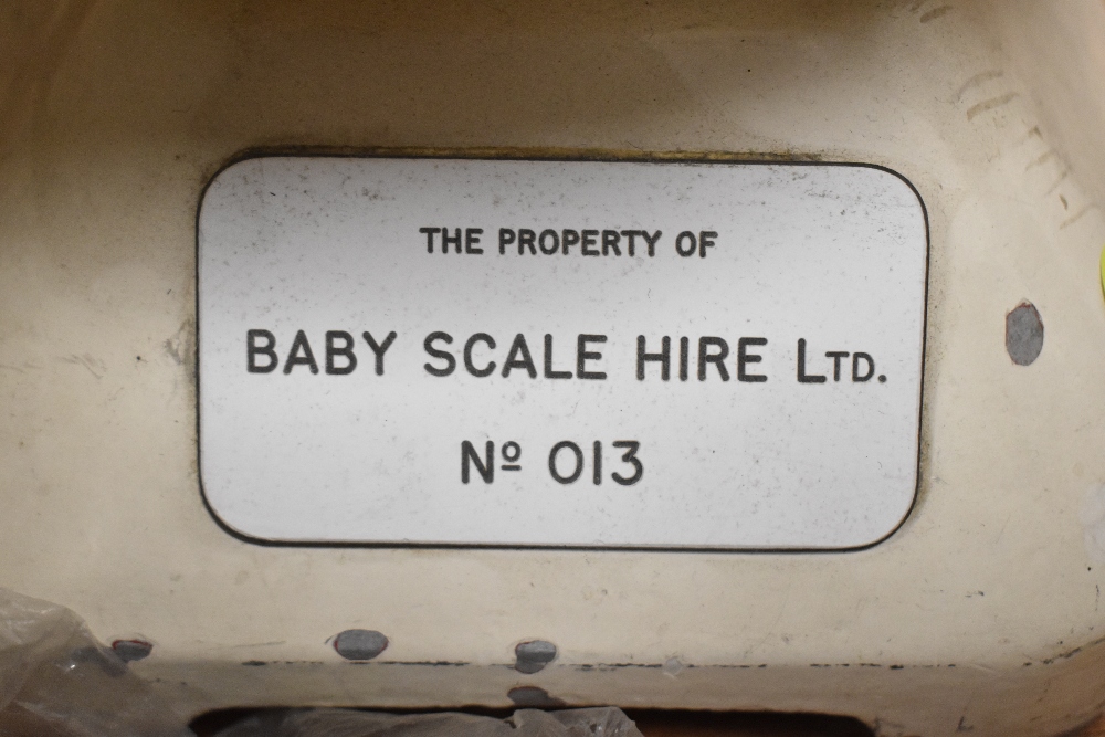 A set of mid century baby scales complete with basket 'The property of Baby scale hire ltd'. - Image 2 of 2