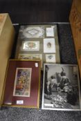 A set of framed Sweet heart cards, a woven silk Queen Elizabeth coronation picture and similar