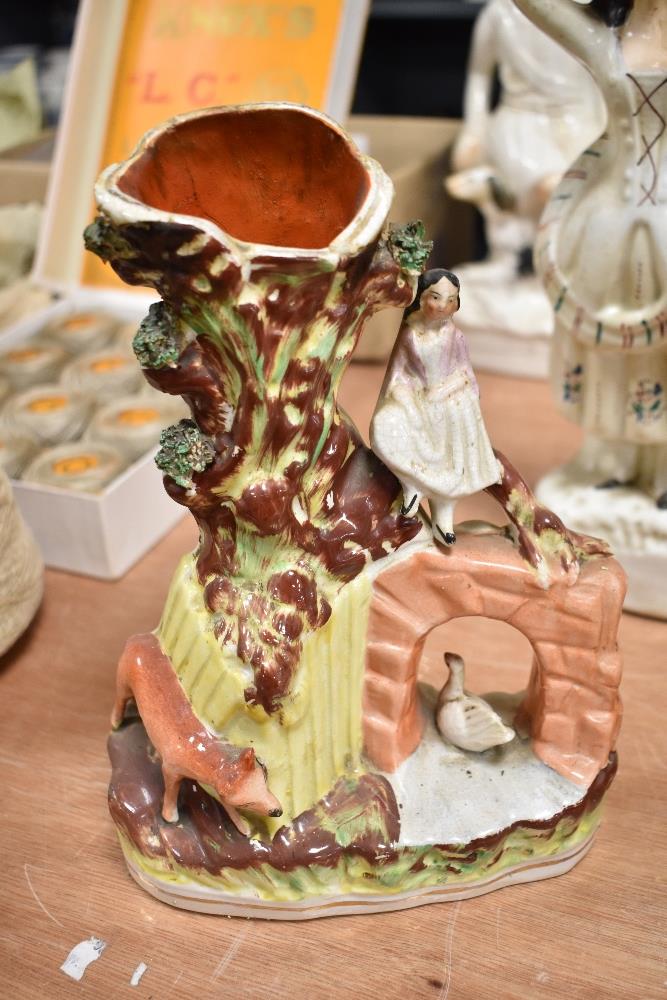 A selection of antique Staffordshire flat back figures and spill vases. All having age related wear, - Image 3 of 4