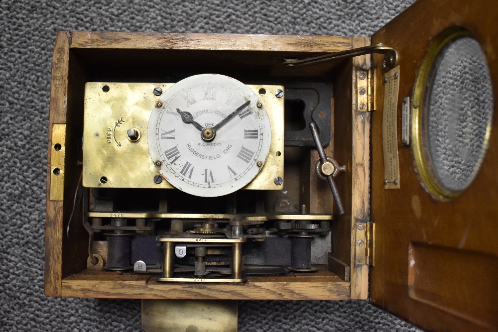 An early 20th century Cledhill - Brook clocking in machine recorder Huddersfield having oak case and - Image 2 of 3