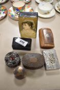 A selection of antique and later pill cases and snuff boxes including pressed horn, Victorian