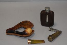 A selection of early 20th century tobacco smokers items including meerschaum carve pipe with