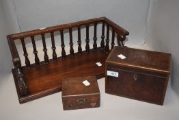 A fine early 20th century book shelf with turned and carved rails, a birds eye burr wood cased tea