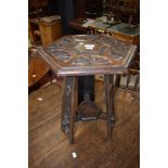 A 19th Century occasional table having hexagonal top with carved and pokerwork decoration