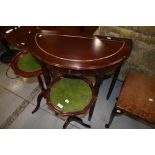 A reproduction demi lune side table and two occasional wine tables