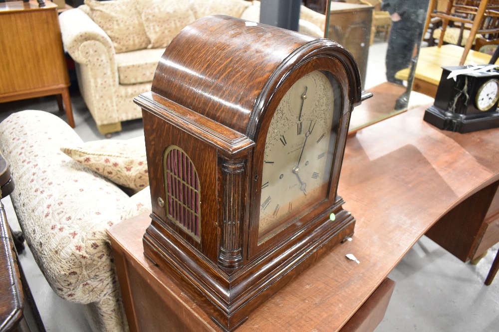 A late 19th/early 20th Century oak cased bracket clock , having silvered dial signed W Johnson, - Image 2 of 5