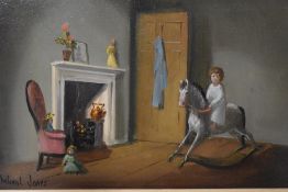 Deborah Jones, (1921-2012), an oil painting on board, Rocking Horse, signed, and attributed verso,