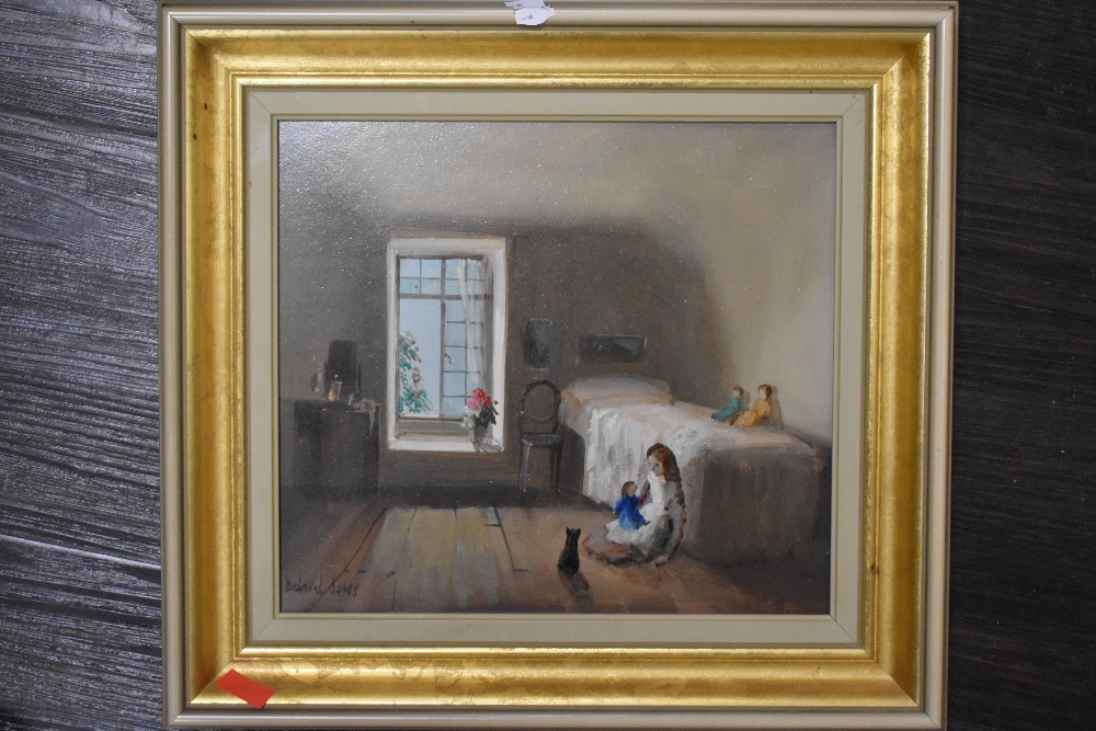 Deborah Jones, (1921-2012), an oil painting on board, Talking to Dolly, signed, and attributed - Image 2 of 2