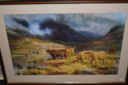 Louise B Hunt, (19th century), a 20th century re-print, Highland cattle, 47 x 76cm, mounted framed