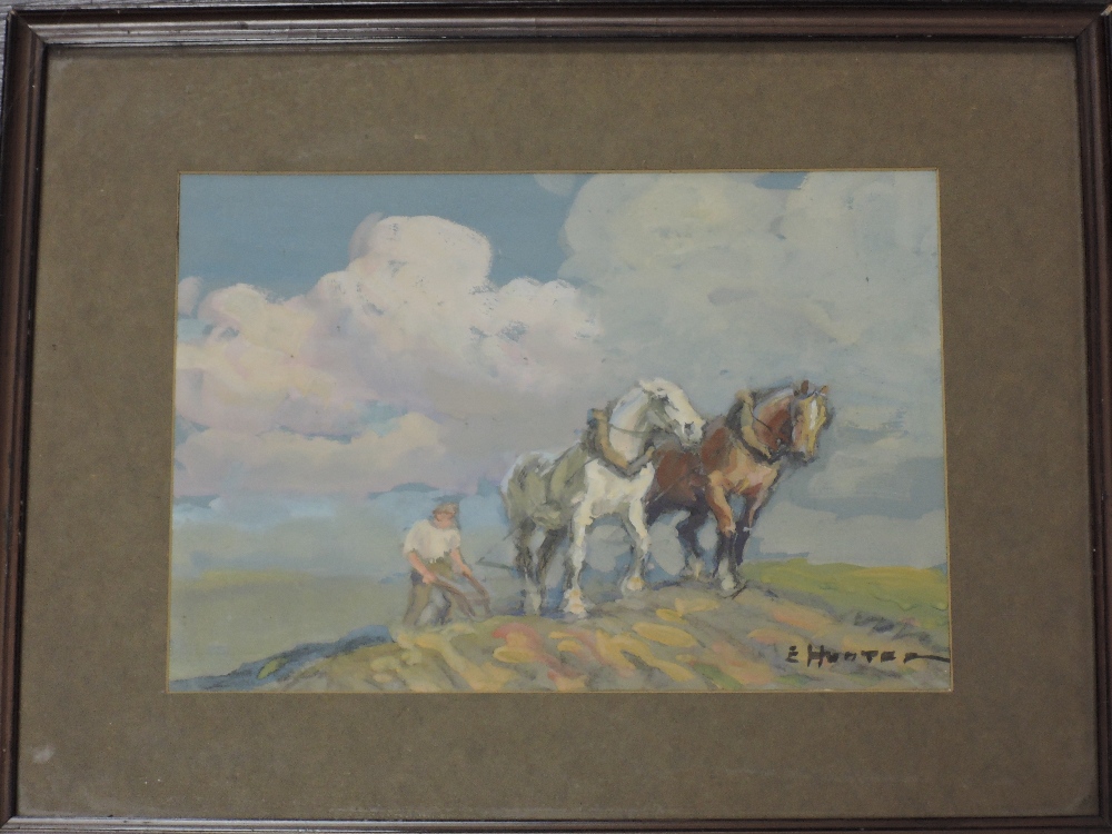 E Hunter, (20th century), a watercolour, plough horses, signed, 19 x 27cm, mounted framed and