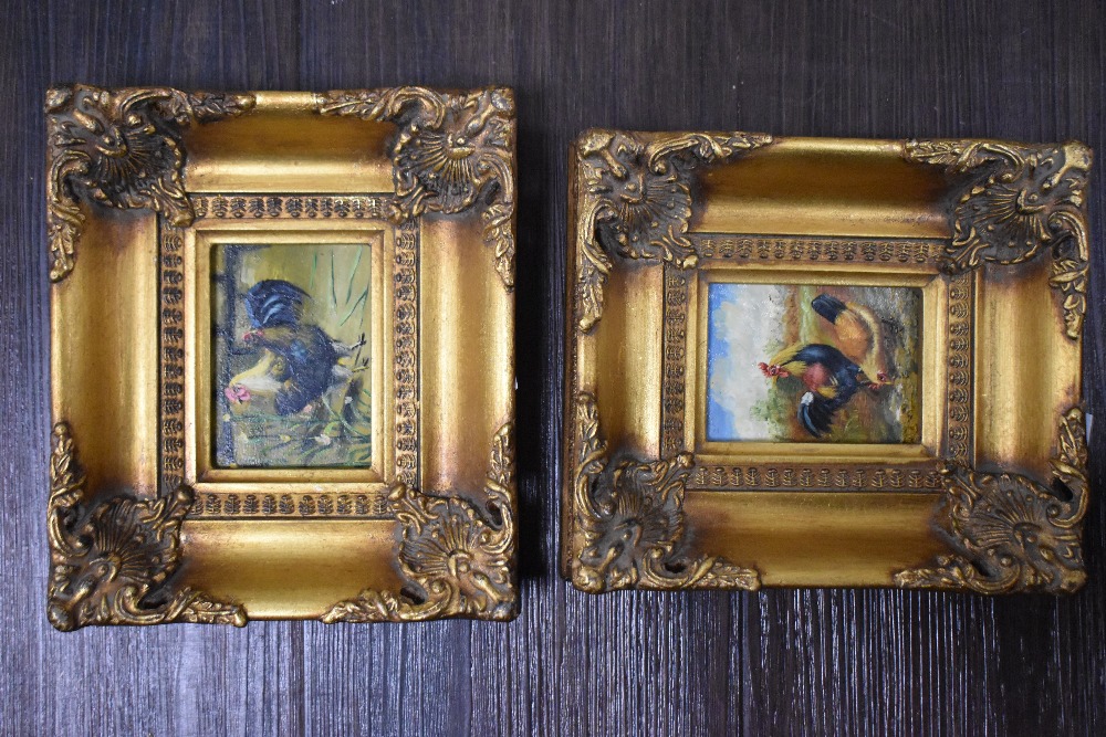 (20th century), two oil paintings on board, cockerel interest, 9 x 6cm, and 6 x 9cm, modern period