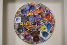 Chas Jacobs, (contemporary), an acrylic paint palette, as used, circular, 16cm dia, signed and