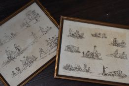 W H Pyne, (18th century), after, a pair of prints, Cattle Market and Games, dated 1802, 25 x 31cm,