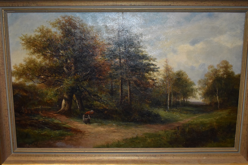 (19th century), an oil painting, faggot gathering, indistinctly signed, 39 x 64cm, modern framed, 50 - Image 2 of 3