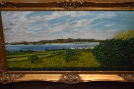 (20th century), an oil painting, coastal landscape, 38 x 79cm, fancy period style framed, 54 x 94cm