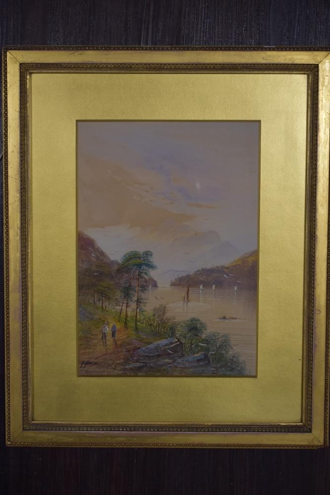 G Hines, (19th/20th century), a pair of watercolours, Scottish loch scenes, 26 x 18cm, gilt effect - Image 2 of 2