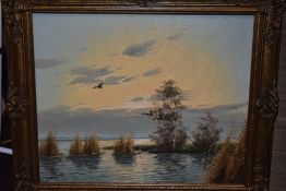 G Brouwer, (contemporary), flying ducks and reed bed lake, signed, 49 x 59cm, fancy framed, 64 x