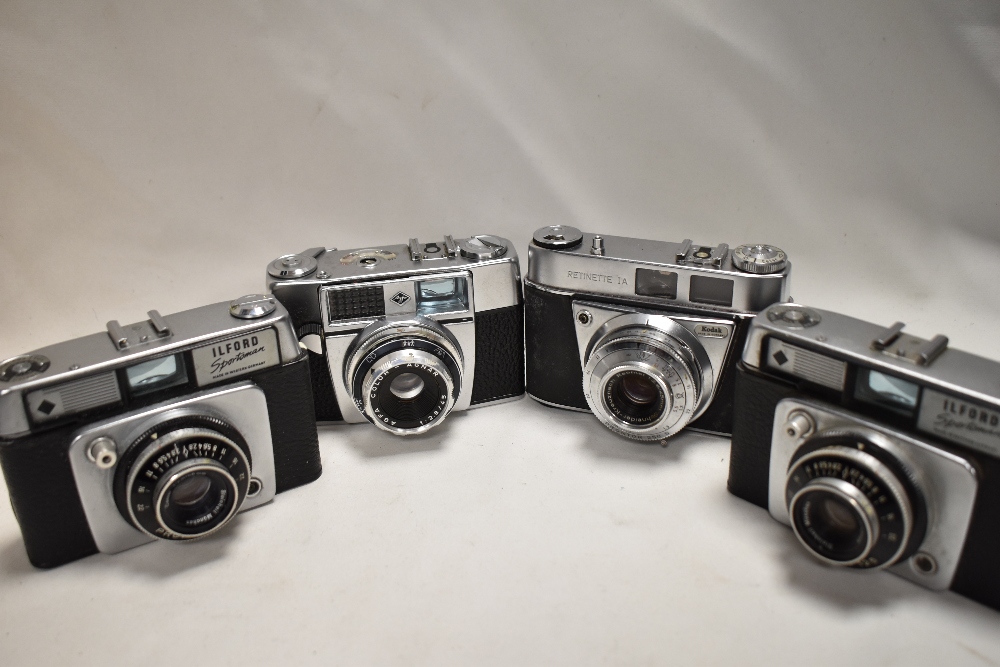 Four cameras. Two Ilford Sports man, an Agfa Optima 1A, and a Kodak Retinette 1A