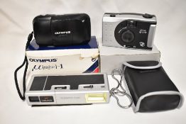 Three cameras. An Olympus MJU-i in original box, a Halena Teleflash and a PN919 in original box