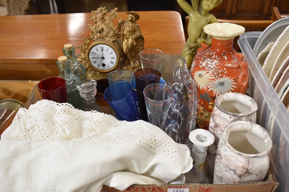 An interesting lot containing a French style mantel clock on soapstone plinth, Wedgwood trinket box,