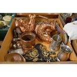 A collection of brass, copper, pewter and plated ware including cockerel and fish decorative