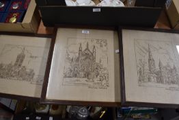 Three early 20th century needle work pictures of Truro, Winchester and Salisbury cathedrals