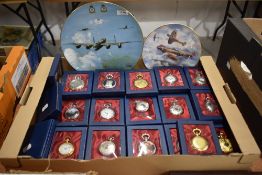 A selection of modern collectable pocket watches in boxes with two RAF display plates