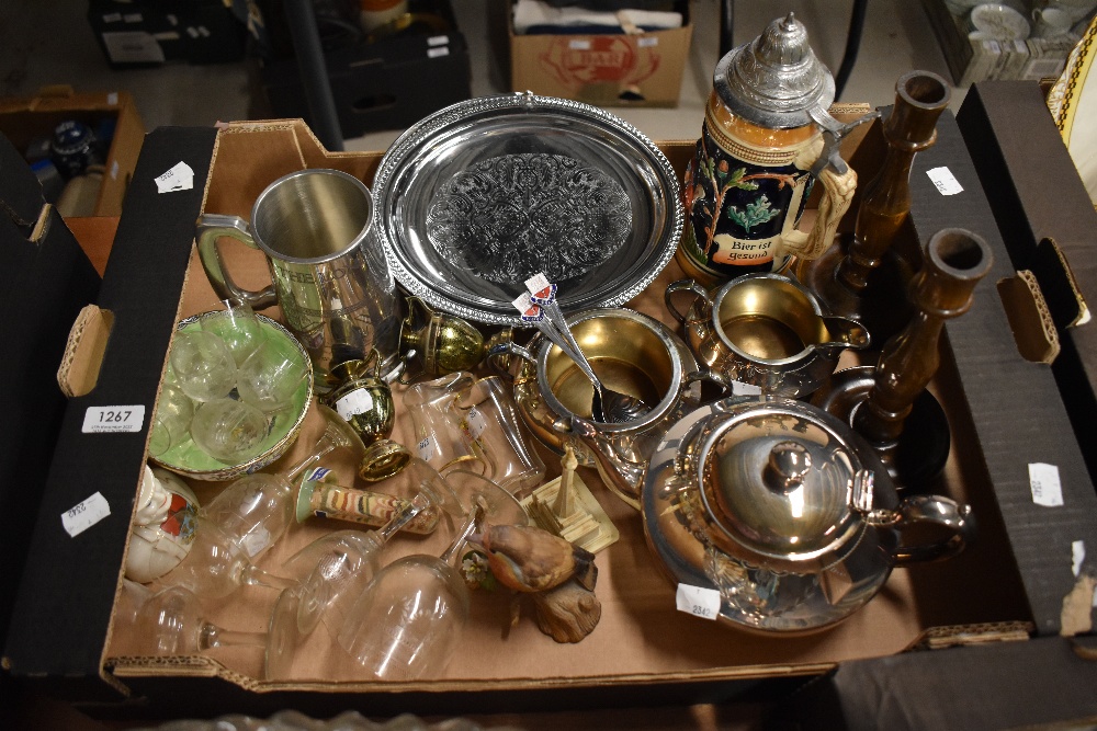 A varied box of items including a pretty plated tea set by TW Ward, spirit glasses, beer stein and