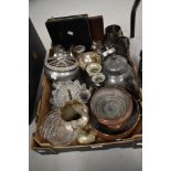 A nice selection of platedware including two sets of boxed spoons, rose bowl along with two glass