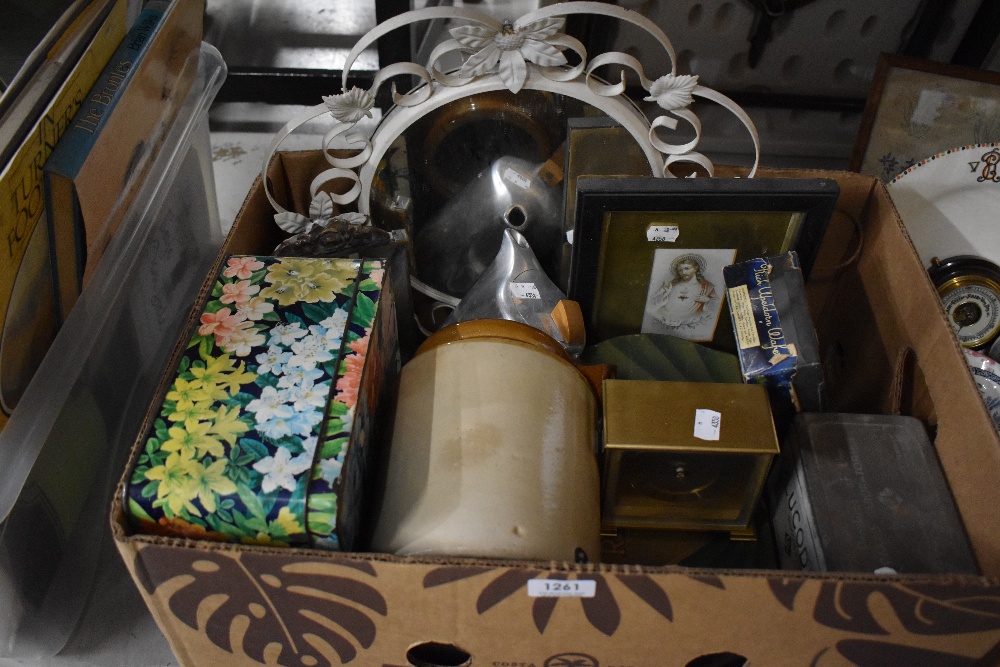 A variety of items including vintage tin boxes, earthenware storage jar and mirrors etc