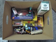 A box of modern diecasts including Sunnyside 1:16 scale Mini Cooper, boxed, Matchbox Super Kings